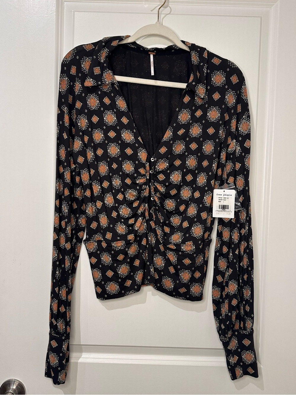 NWT Free People Black Boho Ruched Long Sleeve Printed Blouse Size Large